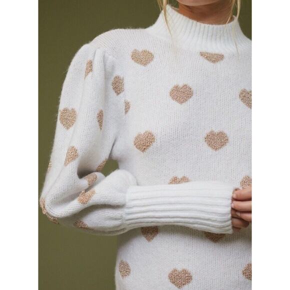 Anthropologie Hearts Sweater Women L Neutral Gold Puff Sleeve High Neck Pullover - Picture 16 of 16